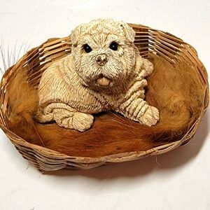 Chinese Shar Pei Figurine in Woven Basket W/ Fox Fur